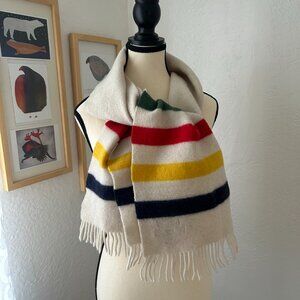 Hudson's Bay Company Johnstons of Elgin Scotland White 100% Wool Striped Scarf